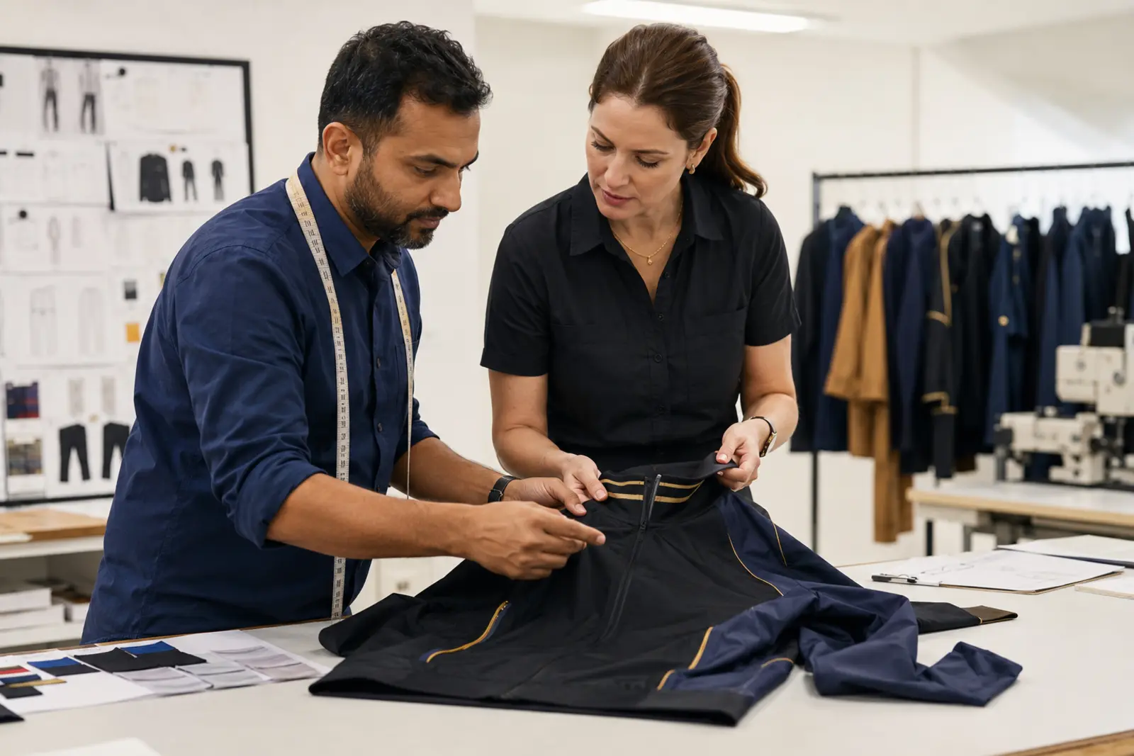 Linemark apparel product development team reviewing a custom garment