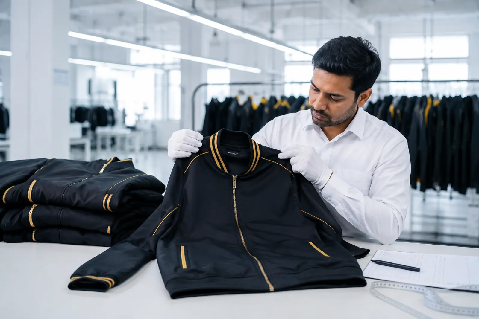 Linemark quality inspector checking a custom jacket before shipment